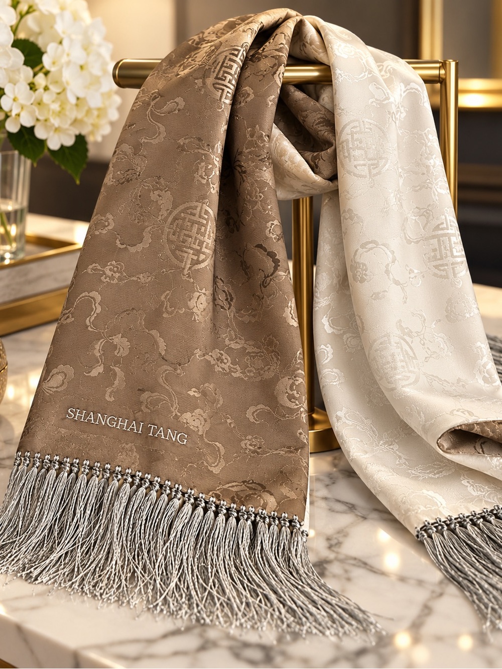 Shanghai Tang Reversible Jacquard Scarf Olive Brown Ivory Fringe Luxury Shawl